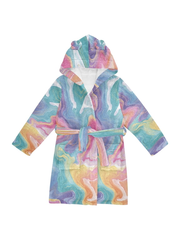 Hooded Fleece Bathrobe with Removable Belt and Pockets Soft and Absorbent for Home, Pool, Beach, Halloween, and Christmas Wear Rainbow-colored Twists