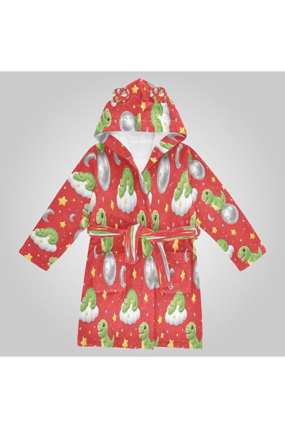 Hooded Fleece Bathrobe with Removable Belt and Pockets Soft and Absorbent for Home, Pool, Beach, Halloween, and Christmas Wear Red Dino Moon Pattern