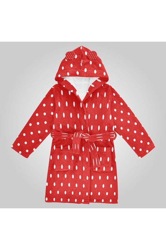 Hooded Fleece Bathrobe with Removable Belt and Pockets Soft and Absorbent for Home, Pool, Beach, Halloween, and Christmas Wear Red White Mini Polka Dot