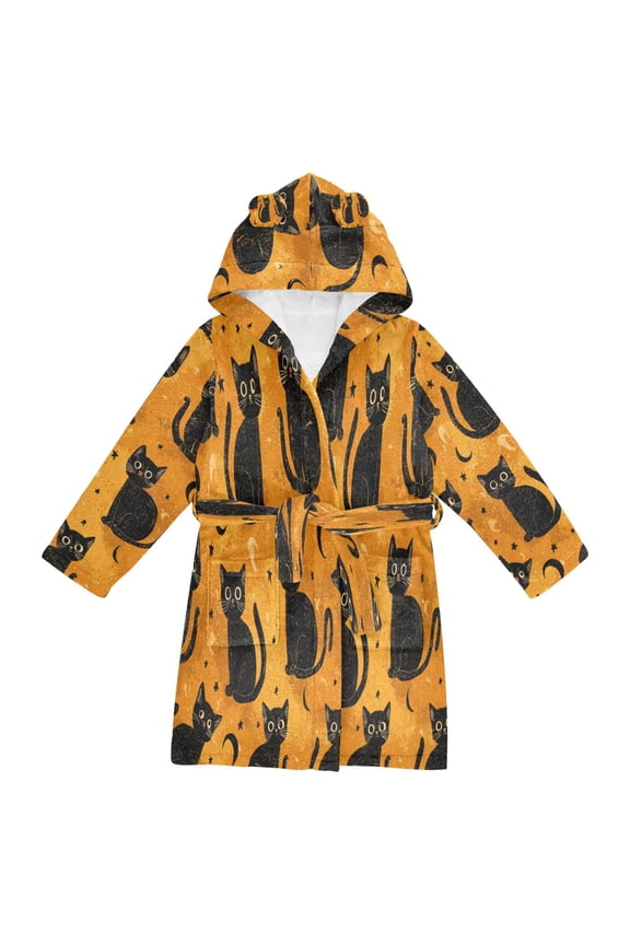 Hooded Fleece Bathrobe with Removable Belt and Pockets Soft and Absorbent for Home, Pool, Beach, Halloween, and Christmas Wear Repeating Mysterious Black Cat Pattern