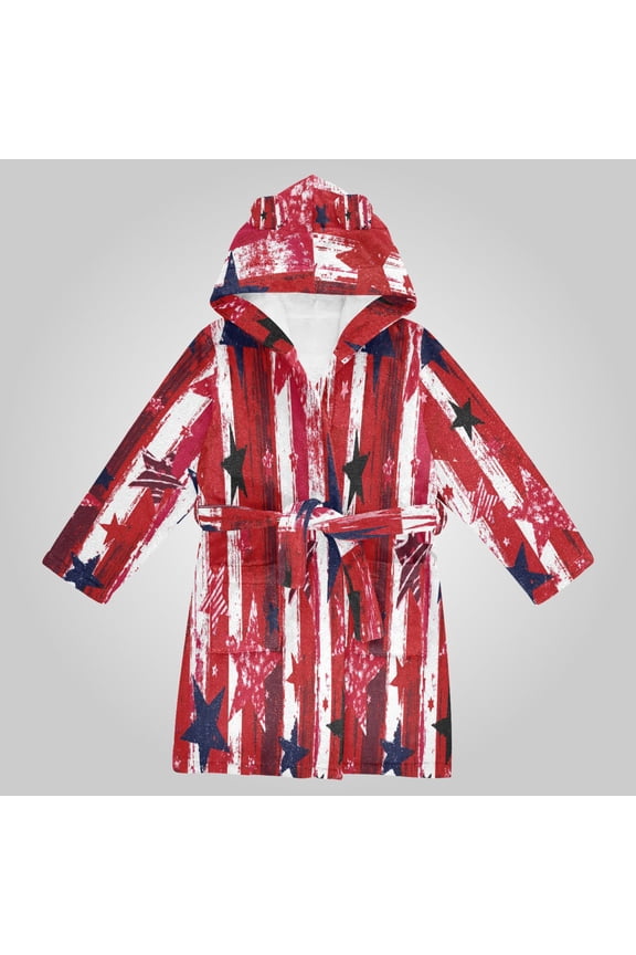 Hooded Fleece Bathrobe with Removable Belt and Pockets Soft and Absorbent for Home, Pool, Beach, Halloween, and Christmas Wear Retro Distressed Star Stripe Print