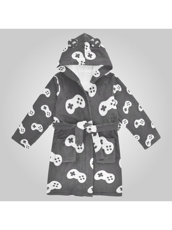 Hooded Fleece Bathrobe with Removable Belt and Pockets Soft and Absorbent for Home, Pool, Beach, Halloween, and Christmas Wear Retro Gaming Pattern