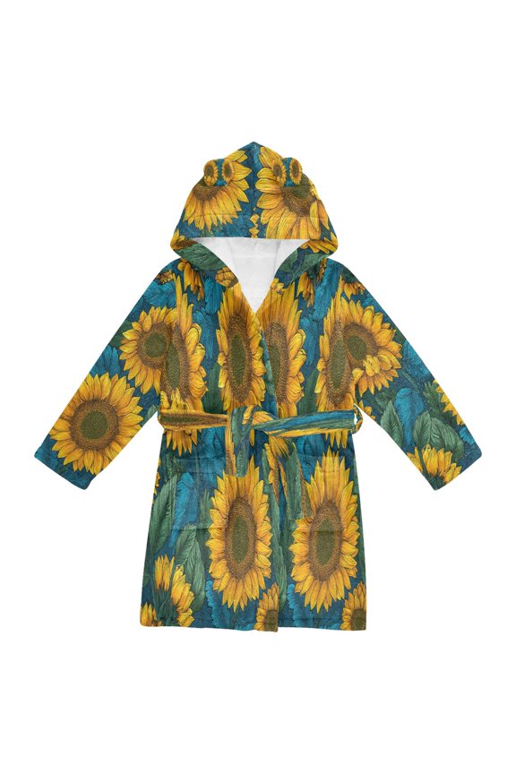 Hooded Fleece Bathrobe with Removable Belt and Pockets Soft and Absorbent for Home, Pool, Beach, Halloween, and Christmas Wear Seamless Pattern Of Sunflowers