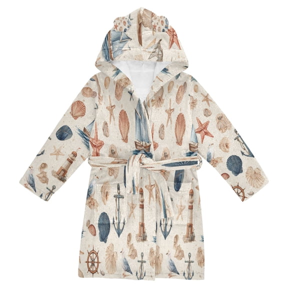 RMDQTR Hooded Fleece Bathrobe with Removable Belt and Pockets Soft and Absorbent for Home, Pool, Beach, Halloween, and Christmas Wear Seashells Boats and Stars