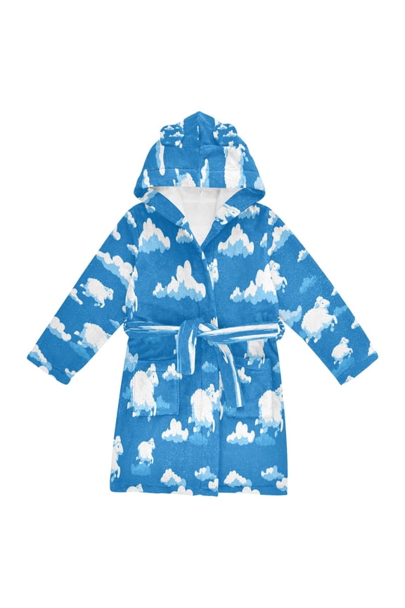 Hooded Fleece Bathrobe with Removable Belt and Pockets Soft and Absorbent for Home, Pool, Beach, Halloween, and Christmas Wear Sheep Jumping over Clouds