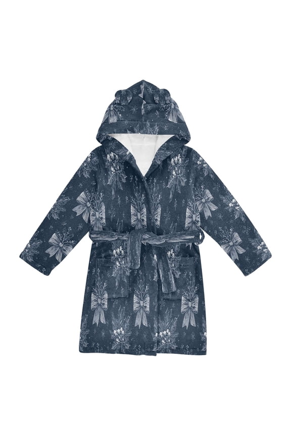 Hooded Fleece Bathrobe with Removable Belt and Pockets Soft and Absorbent for Home, Pool, Beach, Halloween, and Christmas Wear Silver Christmas Bows Pattern