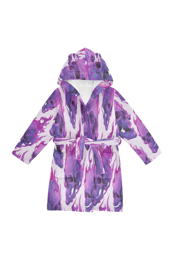 Hooded Fleece Bathrobe with Removable Belt and Pockets Soft and Absorbent for Home, Pool, Beach, Halloween, and Christmas Wear Skulls with Purple Flames