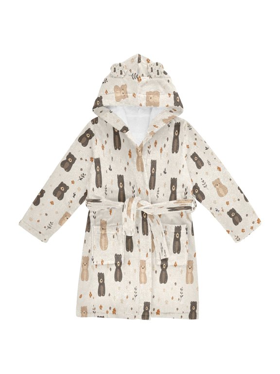 Hooded Fleece Bathrobe with Removable Belt and Pockets Soft and Absorbent for Home, Pool, Beach, Halloween, and Christmas Wear Small Bear Pattern