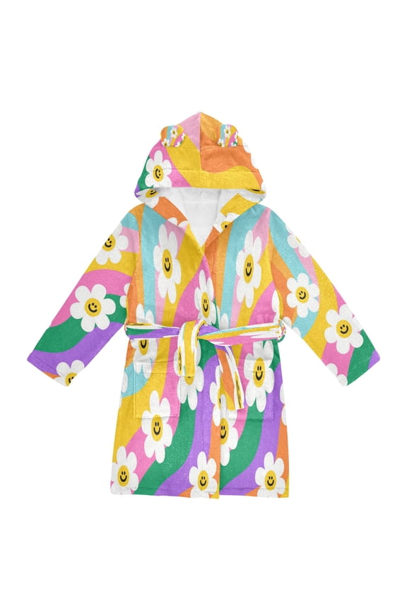 Hooded Fleece Bathrobe with Removable Belt and Pockets Soft and Absorbent for Home, Pool, Beach, Halloween, and Christmas Wear Smiley Daisy on Rainbow Background