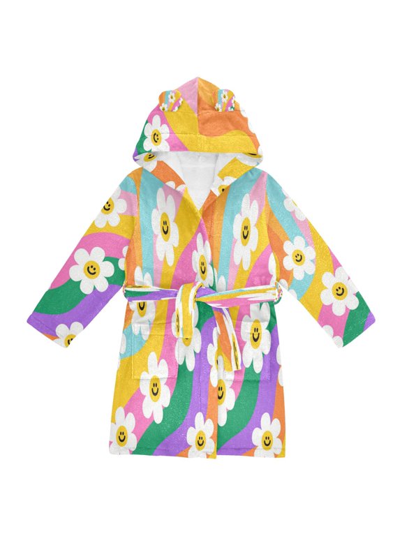 Hooded Fleece Bathrobe with Removable Belt and Pockets Soft and Absorbent for Home, Pool, Beach, Halloween, and Christmas Wear Smiley Daisy on Rainbow Background