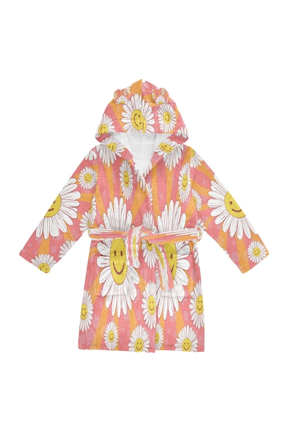 Hooded Fleece Bathrobe with Removable Belt and Pockets Soft and Absorbent for Home, Pool, Beach, Halloween, and Christmas Wear Smiley Face on Orange Background