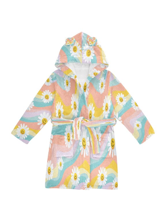 Hooded Fleece Bathrobe with Removable Belt and Pockets Soft and Absorbent for Home, Pool, Beach, Halloween, and Christmas Wear Smiling Daisies with Rainbow