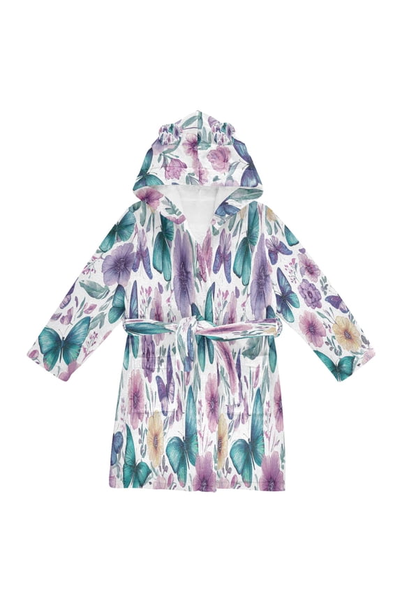 Hooded Fleece Bathrobe with Removable Belt and Pockets Soft and Absorbent for Home, Pool, Beach, Halloween, and Christmas Wear Soft Colors Butterflies