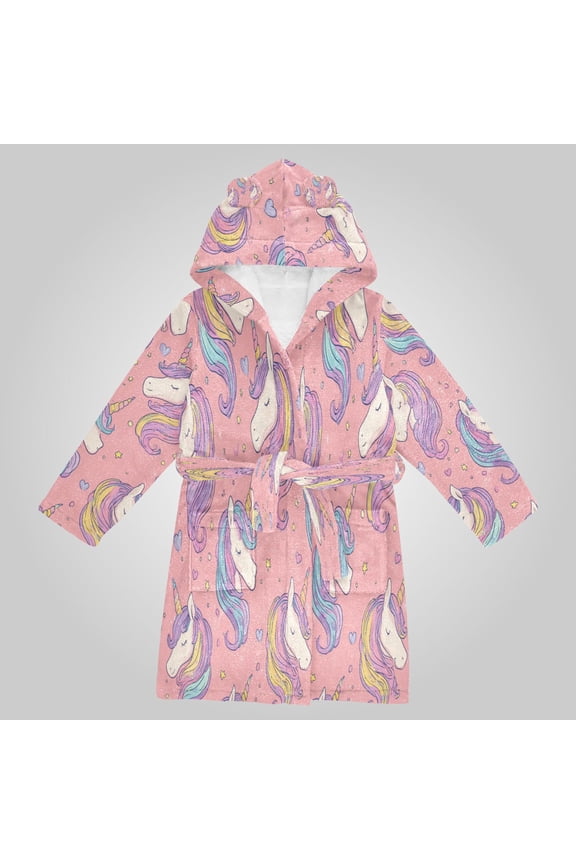 Hooded Fleece Bathrobe with Removable Belt and Pockets Soft and Absorbent for Home, Pool, Beach, Halloween, and Christmas Wear Soft Pink Unicorn Illustration
