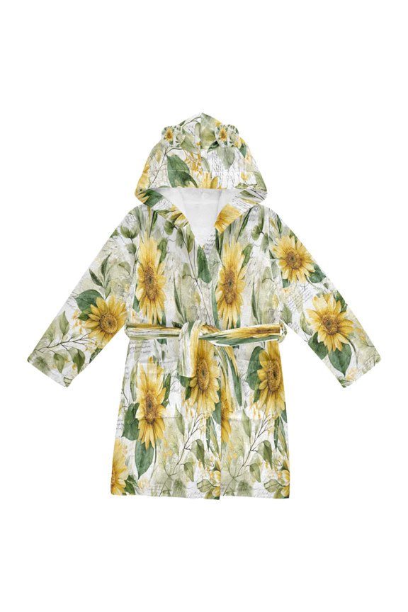 Hooded Fleece Bathrobe with Removable Belt and Pockets Soft and Absorbent for Home, Pool, Beach, Halloween, and Christmas Wear Soft Sunflowers and Green Leaves