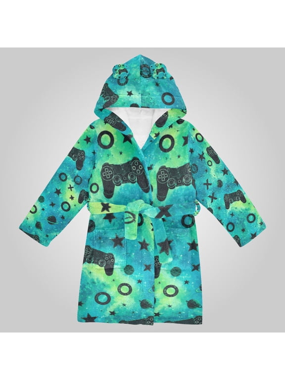 Hooded Fleece Bathrobe with Removable Belt and Pockets Soft and Absorbent for Home, Pool, Beach, Halloween, and Christmas Wear Space Gaming Stars
