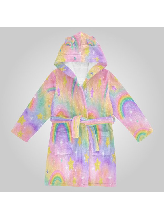 Hooded Fleece Bathrobe with Removable Belt and Pockets Soft and Absorbent for Home, Pool, Beach, Halloween, and Christmas Wear Sparkle Rainbow Design