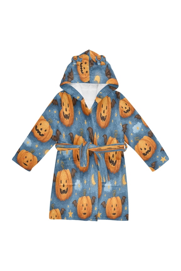 Hooded Fleece Bathrobe with Removable Belt and Pockets Soft and Absorbent for Home, Pool, Beach, Halloween, and Christmas Wear Spooky Evil Pumpkin Designs