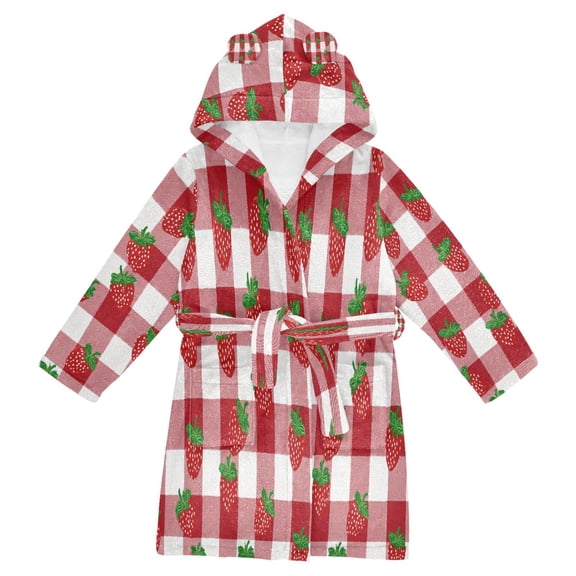 RMDQTR Hooded Fleece Bathrobe with Removable Belt and Pockets Soft and Absorbent for Home, Pool, Beach, Halloween, and Christmas Wear Strawberries on A Plaid Shirt
