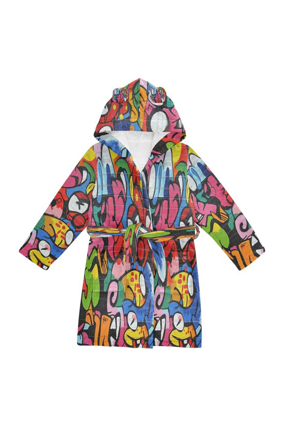 Hooded Fleece Bathrobe with Removable Belt and Pockets Soft and Absorbent for Home, Pool, Beach, Halloween, and Christmas Wear Street Graffiti Art