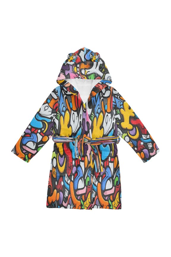 Hooded Fleece Bathrobe with Removable Belt and Pockets Soft and Absorbent for Home, Pool, Beach, Halloween, and Christmas Wear Street Graffiti Style Pattern