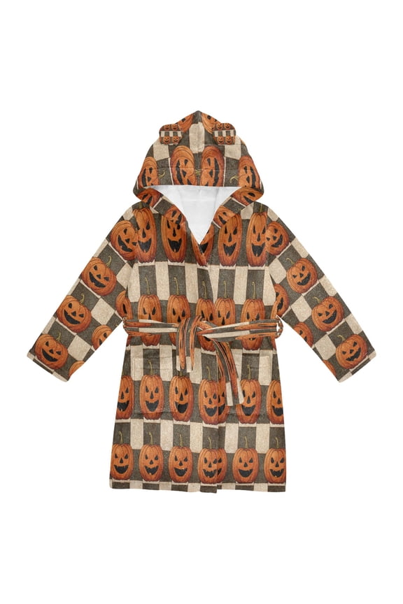 Hooded Fleece Bathrobe with Removable Belt and Pockets Soft and Absorbent for Home, Pool, Beach, Halloween, and Christmas Wear Striped Wicked Pumpkins