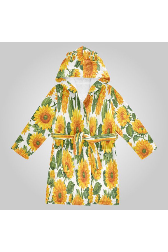 Hooded Fleece Bathrobe with Removable Belt and Pockets Soft and Absorbent for Home, Pool, Beach, Halloween, and Christmas Wear Sunflower Cluster Print