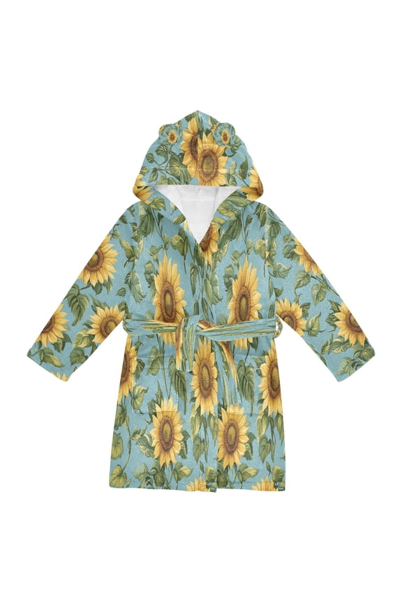 Hooded Fleece Bathrobe with Removable Belt and Pockets Soft and Absorbent for Home, Pool, Beach, Halloween, and Christmas Wear Sunflowers on Blue