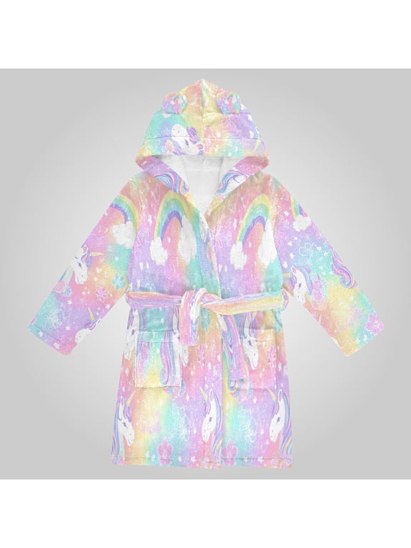 Hooded Fleece Bathrobe with Removable Belt and Pockets Soft and Absorbent for Home, Pool, Beach, Halloween, and Christmas Wear Sweet Rainbow Unicorn Party