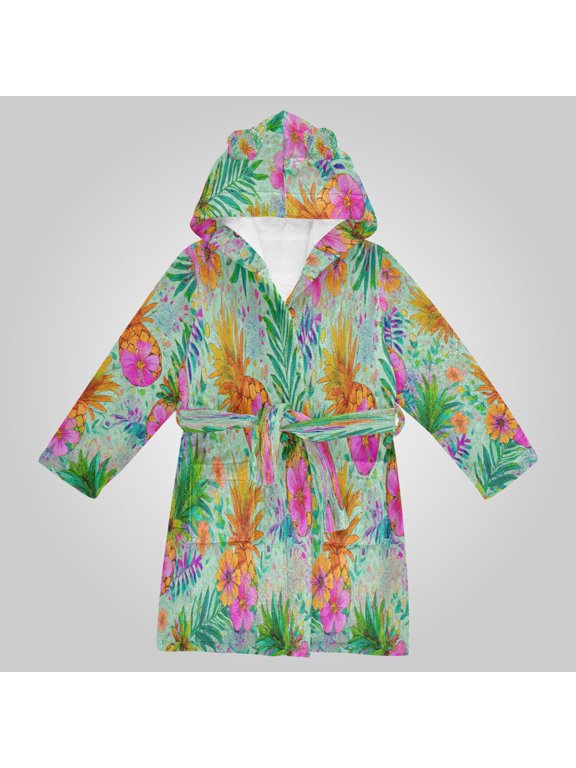 Hooded Fleece Bathrobe with Removable Belt and Pockets Soft and Absorbent for Home, Pool, Beach, Halloween, and Christmas Wear Tropical Pineapple Floral
