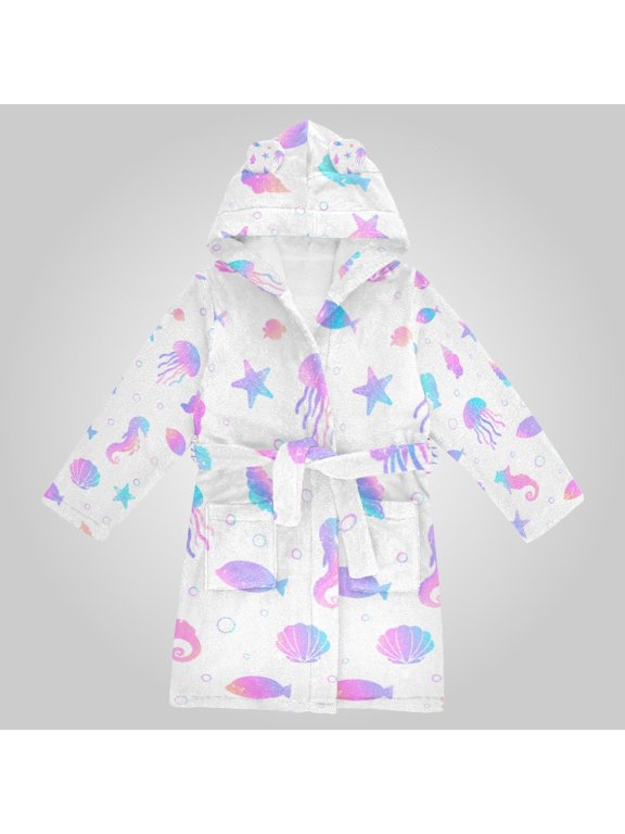 Hooded Fleece Bathrobe with Removable Belt and Pockets Soft and Absorbent for Home, Pool, Beach, Halloween, and Christmas Wear Underwater Fantasy Pattern