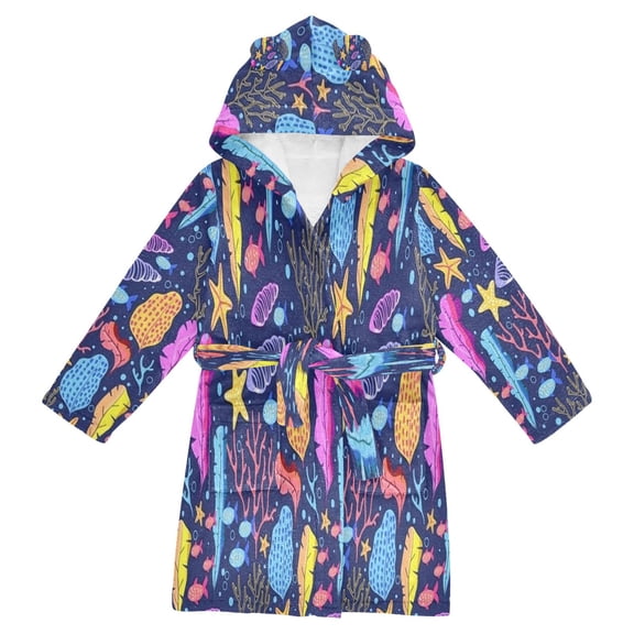 RMDQTR Hooded Fleece Bathrobe with Removable Belt and Pockets Soft and Absorbent for Home, Pool, Beach, Halloween, and Christmas Wear Underwater World
