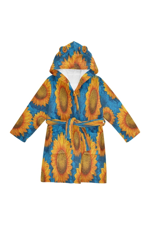 Hooded Fleece Bathrobe with Removable Belt and Pockets Soft and Absorbent for Home, Pool, Beach, Halloween, and Christmas Wear Vibrant Digital Sunflower Painting