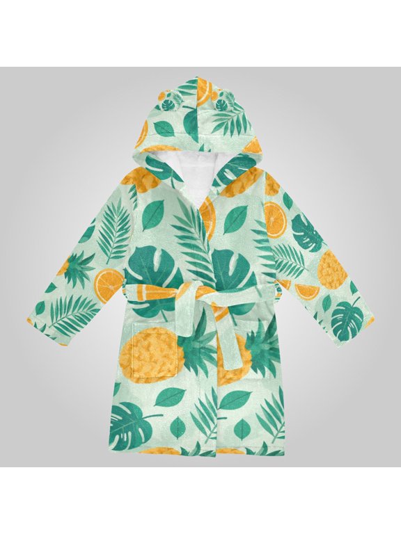 Hooded Fleece Bathrobe with Removable Belt and Pockets Soft and Absorbent for Home, Pool, Beach, Halloween, and Christmas Wear Vibrant Tropical Fruit Leaf Pattern