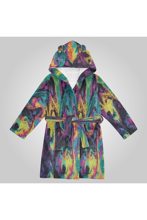 Hooded Fleece Bathrobe with Removable Belt and Pockets Soft and Absorbent for Home, Pool, Beach, Halloween, and Christmas Wear Vibrant Wolf Tie-dye