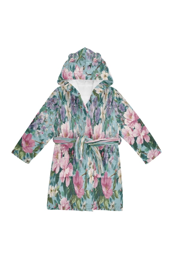 Hooded Fleece Bathrobe with Removable Belt and Pockets Soft and Absorbent for Home, Pool, Beach, Halloween, and Christmas Wear Vintage Floral Wallpaper
