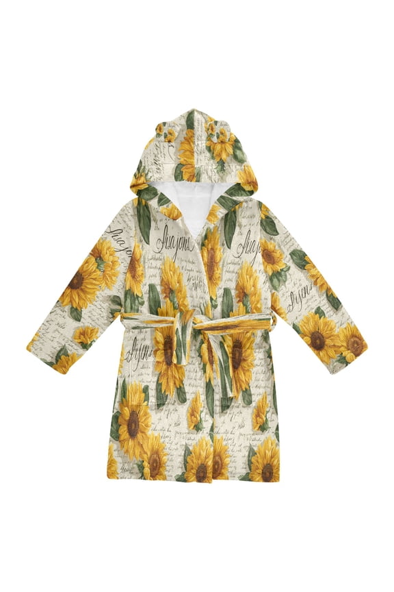 Hooded Fleece Bathrobe with Removable Belt and Pockets Soft and Absorbent for Home, Pool, Beach, Halloween, and Christmas Wear Vintage Paper with Sunflowers