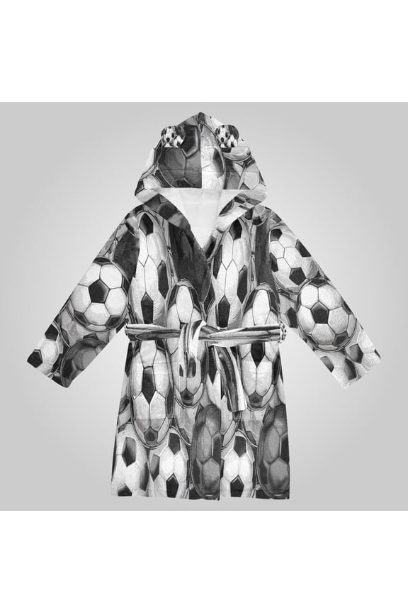 Hooded Fleece Bathrobe with Removable Belt and Pockets Soft and Absorbent for Home, Pool, Beach, Halloween, and Christmas Wear Vintage Soccer Ball Collage