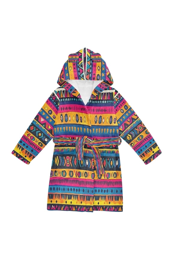 Hooded Fleece Bathrobe with Removable Belt and Pockets Soft and Absorbent for Home, Pool, Beach, Halloween, and Christmas Wear Vintage Tribal Patterns