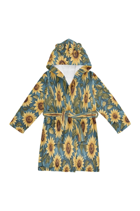 Hooded Fleece Bathrobe with Removable Belt and Pockets Soft and Absorbent for Home, Pool, Beach, Halloween, and Christmas Wear Virbant Sunflowers Pattern