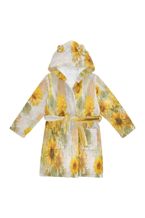 Hooded Fleece Bathrobe with Removable Belt and Pockets Soft and Absorbent for Home, Pool, Beach, Halloween, and Christmas Wear Whimsical Watercolor Sunflowers