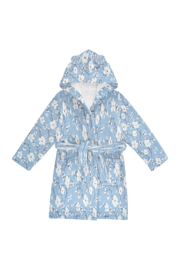 Hooded Fleece Bathrobe with Removable Belt and Pockets Soft and Absorbent for Home, Pool, Beach, Halloween, and Christmas Wear White and Gray Floral Patterned