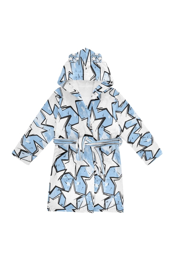 Hooded Fleece Bathrobe with Removable Belt and Pockets Soft and Absorbent for Home, Pool, Beach, Halloween, and Christmas Wear White Stars Pattern
