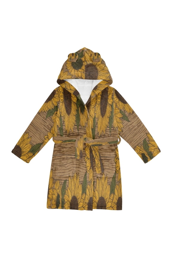 Hooded Fleece Bathrobe with Removable Belt and Pockets Soft and Absorbent for Home, Pool, Beach, Halloween, and Christmas Wear Wooden Style Sunflowers