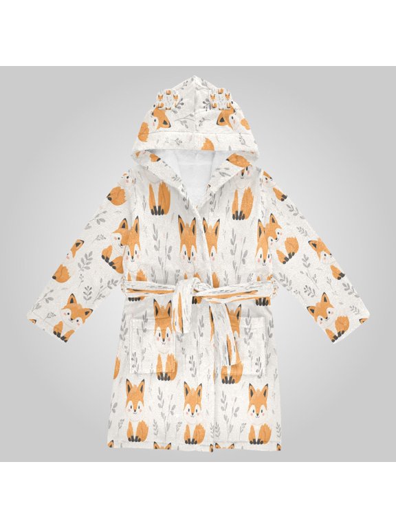 Hooded Fleece Bathrobe with Removable Belt and Pockets Soft and Absorbent for Home, Pool, Beach, Halloween, and Christmas Wear Woodland Fox Floral Pattern