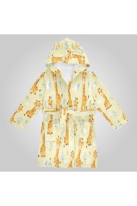 Hooded Fleece Bathrobe with Removable Belt and Pockets Soft and Absorbent for Home, Pool, Beach, Halloween, and Christmas Wear Yellow Cartoon Giraffe Design