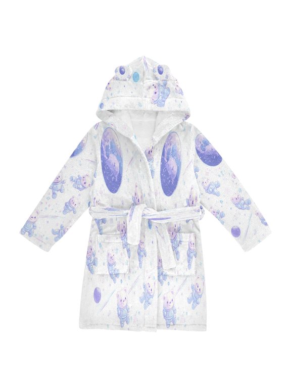 Hooded Fleece Bathrobe with Removable Belt and Pockets Soft and Absorbent for Home, Pool, Beach, Halloween, and Christmas Wear Bear Astronauts