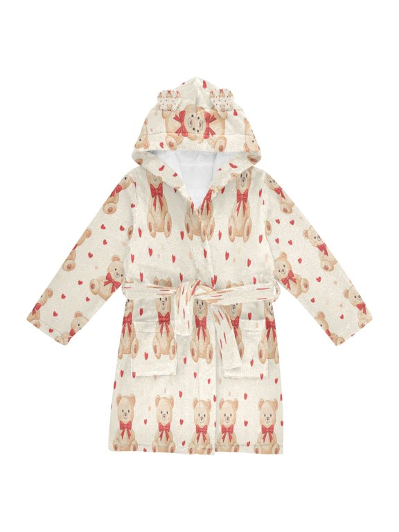 Hooded Fleece Bathrobe with Removable Belt and Pockets Soft and Absorbent for Home, Pool, Beach, Halloween, and Christmas Wear Bears and Bows
