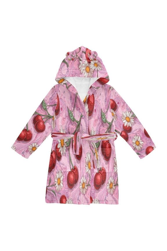 Hooded Fleece Bathrobe with Removable Belt and Pockets Soft and Absorbent for Home, Pool, Beach, Halloween, and Christmas Wear Cherry Fruit