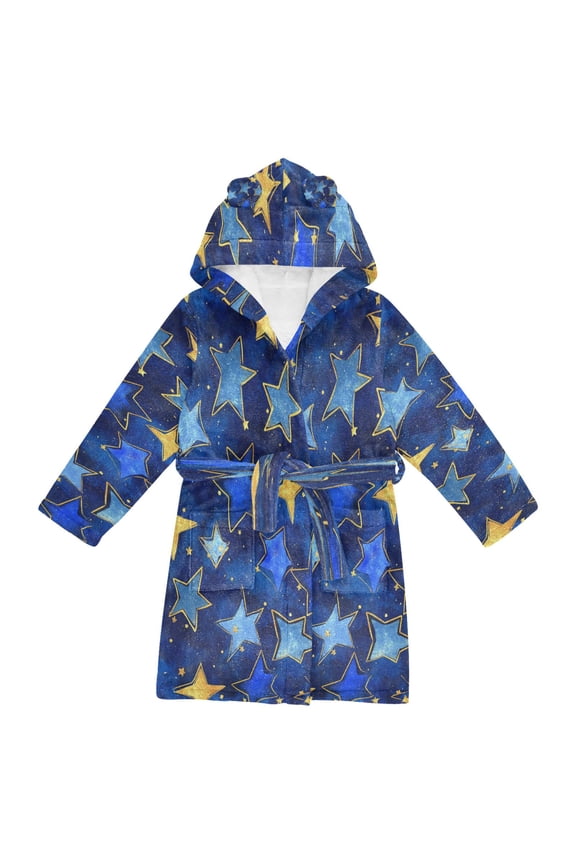 Hooded Fleece Bathrobe with Removable Belt and Pockets Soft and Absorbent for Home, Pool, Beach, Halloween, and Christmas Wear Dark Blue Stars